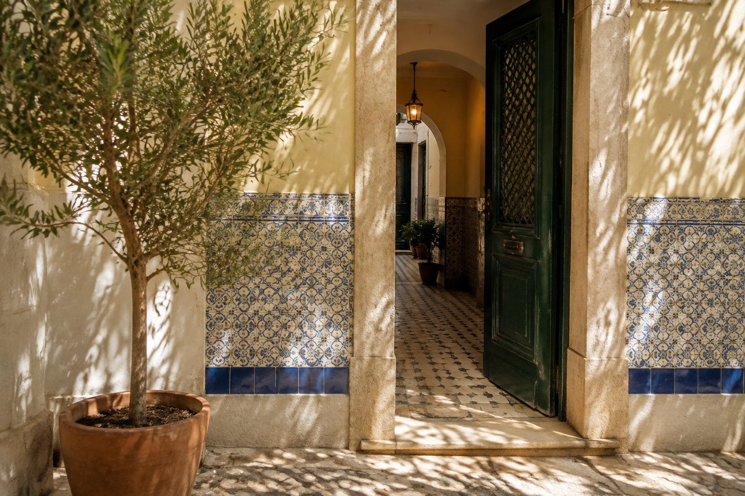 Entrada ilustrativa de um prédio com azulejos portugueses e uma porta verde