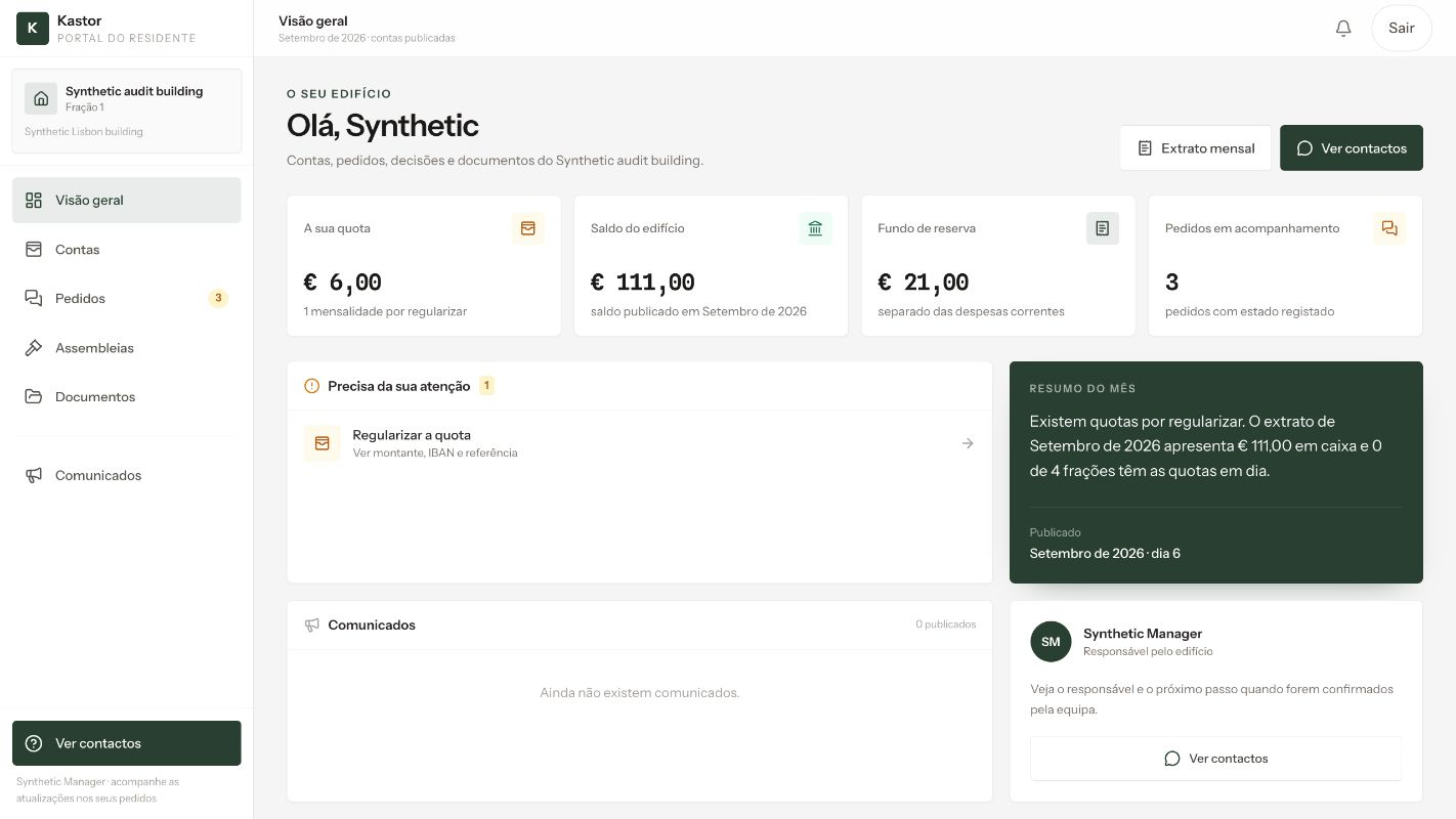 Portal real da Kastor: visão geral das contas, fundo de reserva separado e pedidos. Dados de demonstração fictícios.